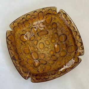 Vintage Blenko Libbey mcm honey amber bubble glass ashtray 8.5” trinket tray